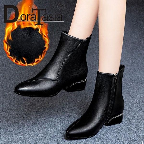 

boots doratasia fashion ladies chunky heels ankle 2021 concise elegant women party office zip pointed toe shoes woman, Black