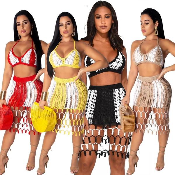 

jrry tassel women knitted skirt set spaghetti strap knit skirt suit crocheted women beach wear two pieces crochet beach set, Gray