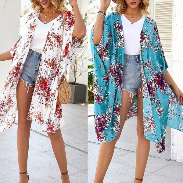 

women floral sun protection half sleeve loose front open coverup cardigan blouse summer beach swimming pool holiday1, White;black