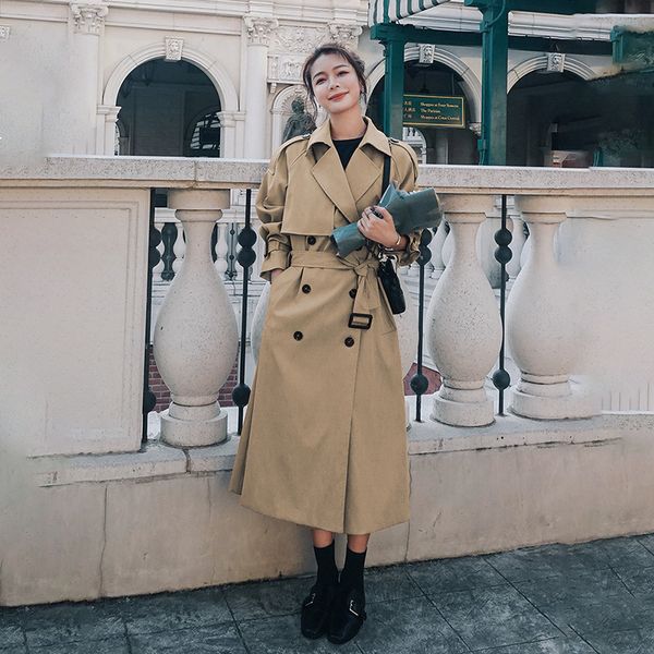 

2021 new women's blouse khaki spring new fashion lapel medium korean loose length double breasted all-match trench coat 61m kpre, Black;brown