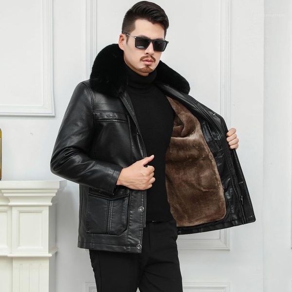 

men's fur & faux fashion warm leather jacket thickened coat casual thick detachable collar. internal super large plus size -7xl1, Black