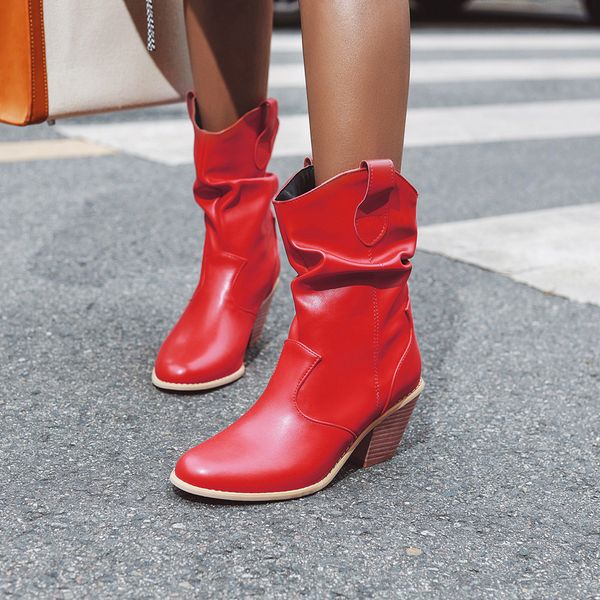 

2020 western motorcycle cowgirl fake leather cowboy ankle high-heeled thick 34-43 size mujer boots, Black