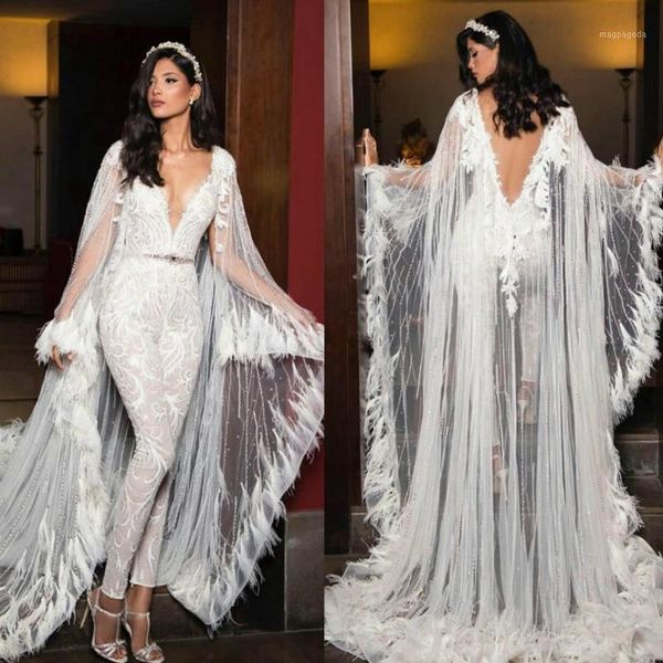 

elegant v neck jumpsuit with wrap lace beaded prom dress backless feather evening gowns plus size vestidos longo1, White;black