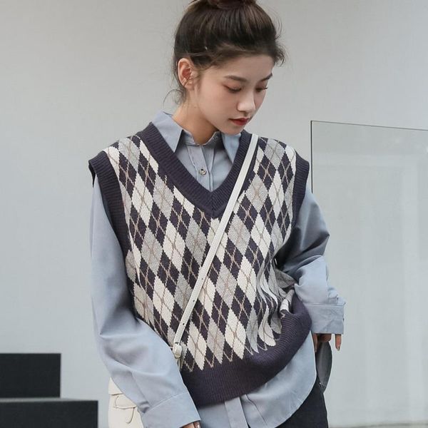 

women's vests [ewq] winter 2021 women casual loose v-neck patchwork argyle short minimalist sleeveless knitting vest coat 8q444, Black;white
