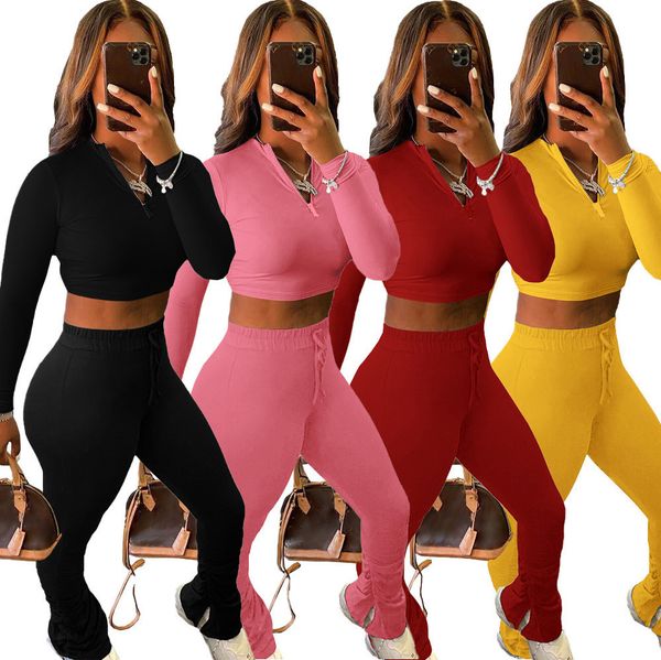 

women two pieces clothing slim solid color open navel zipper long sleeve puff pants sports suits ladies new sportwear 2020 y854, White