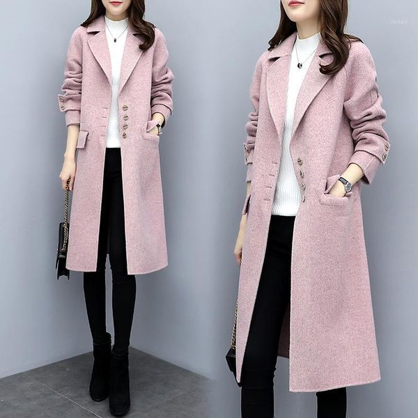 

2021 new women's autumn winter solid color wool jacket female korean popular hepburn woolen coat thickening long overcoats p681, Black