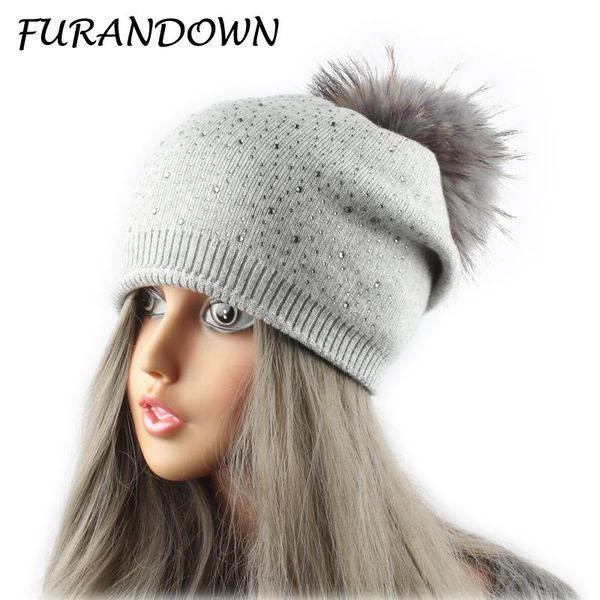 

beanie/skull caps furandown winter fur hats for women wool knitted rhinestone pompom beanies raccoon ball hat, Blue;gray