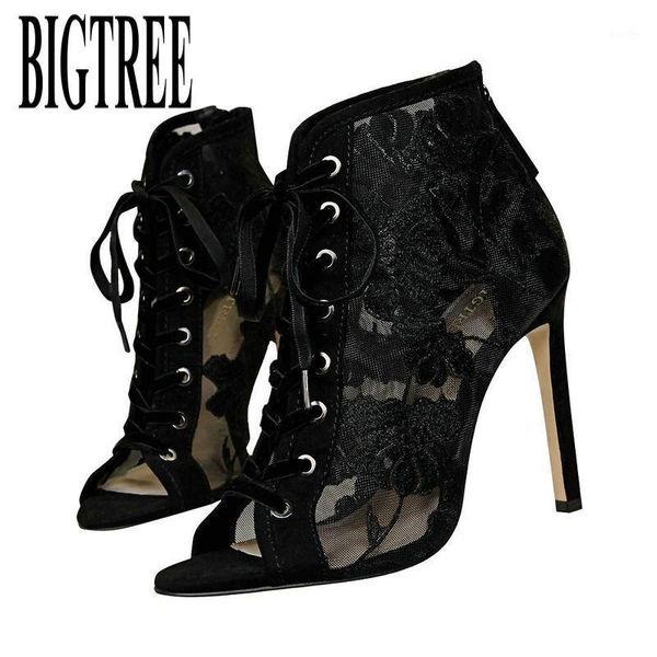 

bigtree 2021 fashion black summer pumps embroidered lace up cross-tied peep toe high heel net surface hollow out sandals1