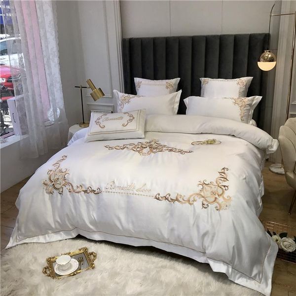 

bedding sets luxury white 600tc satin silk cotton gold royal embroidery set  king duvet cover flat/fitted sheet pillowcases