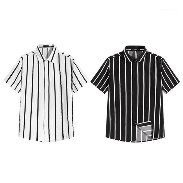 

men's casual shirts 2021 men short sleeve turn-down collar striped button summer business loose 2xl male clothing camisa1, White;black