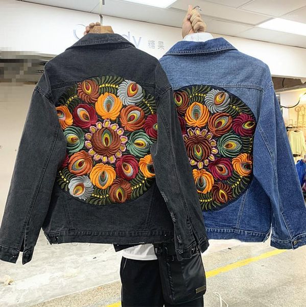 

2020 autumn new washed heavy embroidery loose denim jacket female1, Black;brown