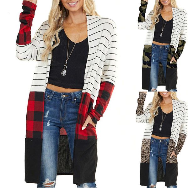 

2020 t-shirt autumn and winter new stripe 1contrast stitching plaid casual women's coat, White