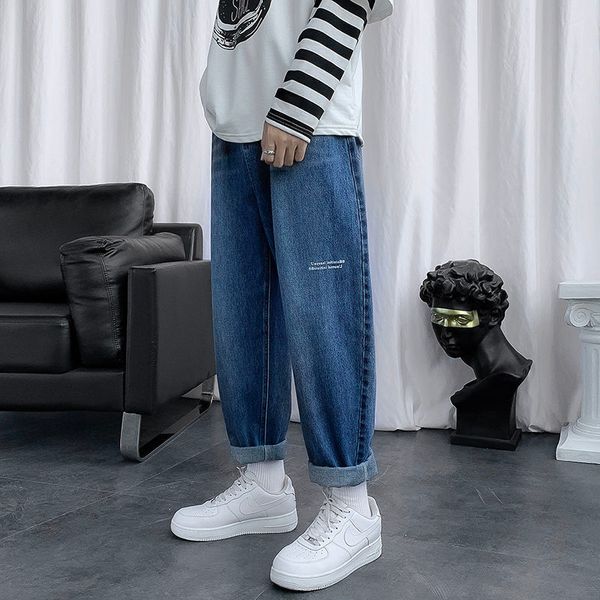 

autumn winter all-match thicken jeans men's loose washed denim casual stamping letters harem trousers fashion pants q0105, Black;white