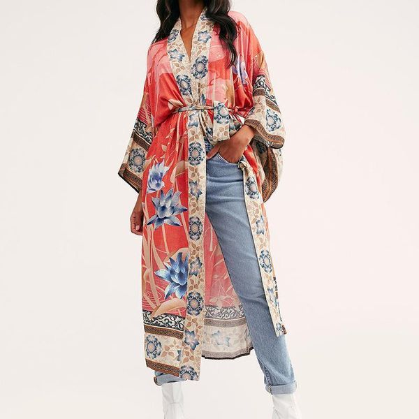 

ayualin summer swim cover up for women dresses 2021 cotton red floral printed vestido beach waer cardigan bohemian oversize robe1, White;black
