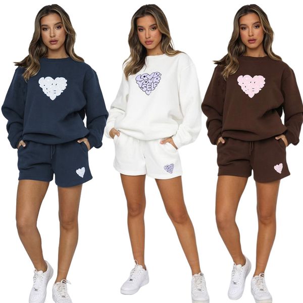 

Women's Tracksuits Autumn and Winter Casual Round Neck Shorts Women's Clothing Printed Letters Peach Heart Long-sleeved Sweater Suit, Gray
