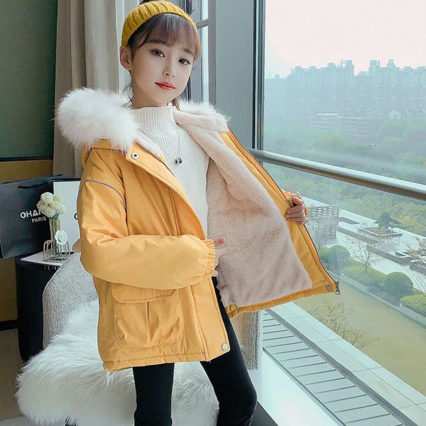 

girls' winter padded hooded cotton zipper t-shirt et with lapel and fur liner, Black