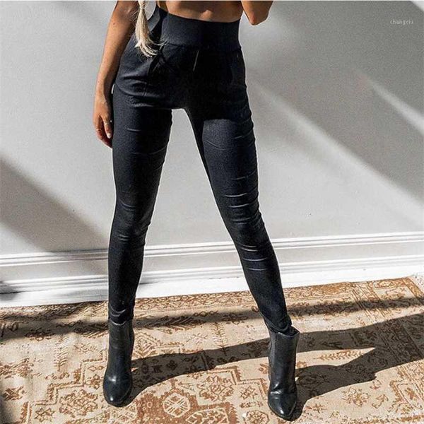 

2020 women matte pu faux leather pants winter female high waist elastic pu leather stretch slim fit bodycon pencil trousers1, Black;white