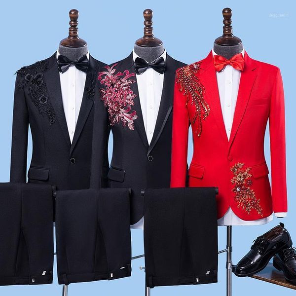 

men's suits & blazers embroidered men for wedding mens blazer 3 piece blazer+pant+bow tie fashion party suit set stage costume homme1, White;black