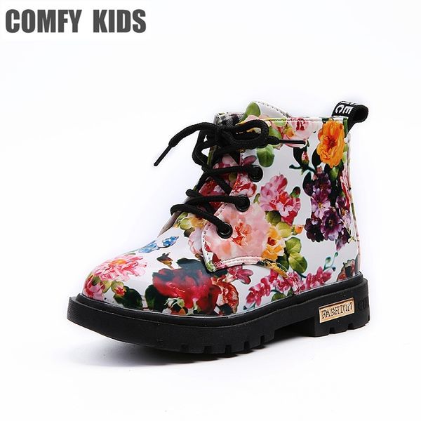 

comfy kids shoes floral martin boots for girls botas elegant flower print pu leather shoes child rubber soled boots brand bottes y200104, Black;grey