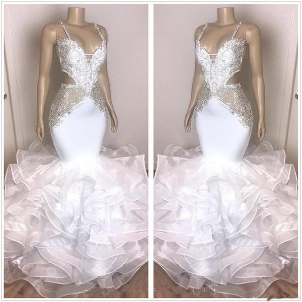 

spaghetti straps organza mermaid prom dresses 2020 lace applique tiered ruffles beaded formal evening party gowns for girl1, White;black