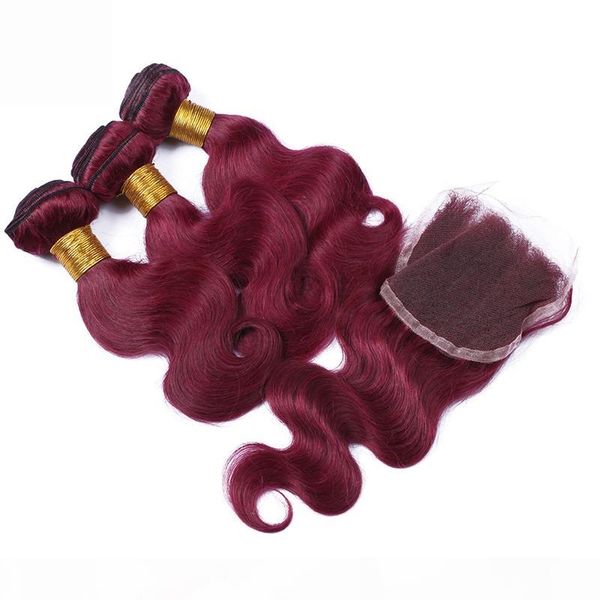 

new burgundy hair weave with lace closure pure color 99j wine red body wave virgin human hair bundles with 4*4 clodures piece, Black