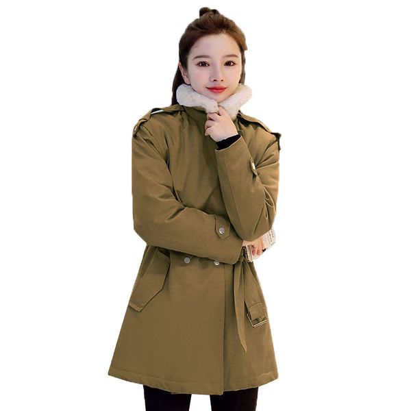 

large size mid-length coat new winter plus velvet thicken outwear female casual windbreake r852 u9bh, Tan;black
