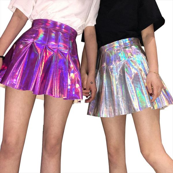 

women pleat skirt harajuku laser preppy skirts mini cute school uniforms ladies jupe pu leather kawaii skirt saia faldas 4dq6101, Black
