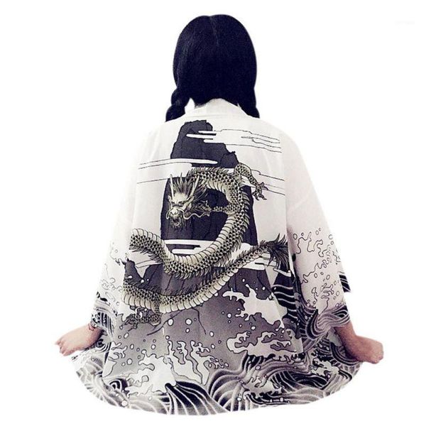 

efinny vintage summer women cardigan dragon waves printed chiffon 2021 sun protection kimono shirt outerwear1, White