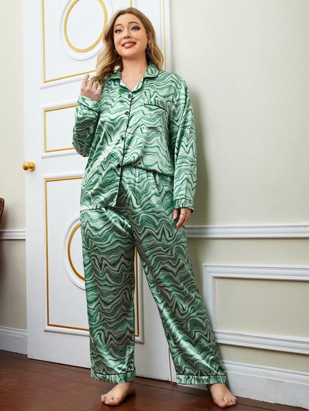 

plus allover print contrast piping satin blouse & pants pj set 7831#, Black;white