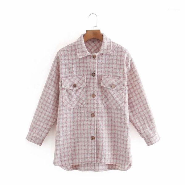 

women patch pocket plaid shirt coat 2020 new female three quarter sleeve outerwear casual lady loose c9861, Black;brown