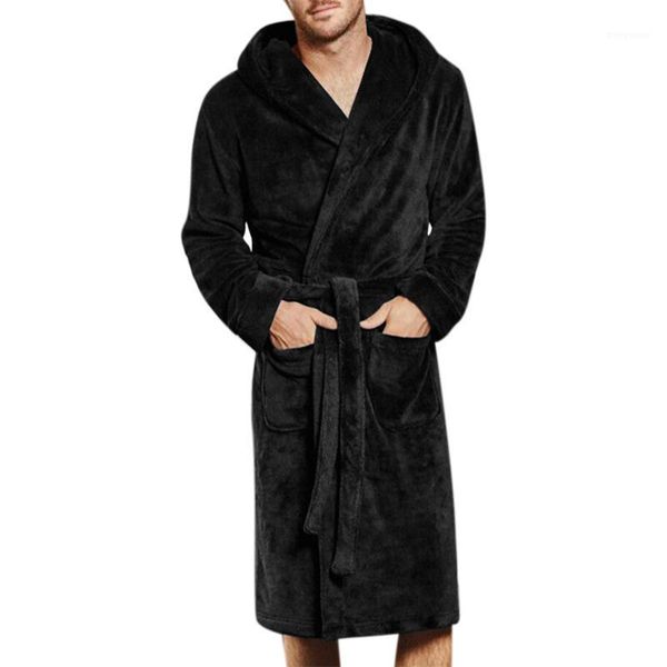 

men's bathrobe sleepwear plus size pure color v neck belted fleece bathrobe night gown loungewear casual sleepwear men's clothes1, Black;brown
