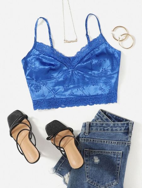 

lace trim jacquard bustier cami crop z12x#, White