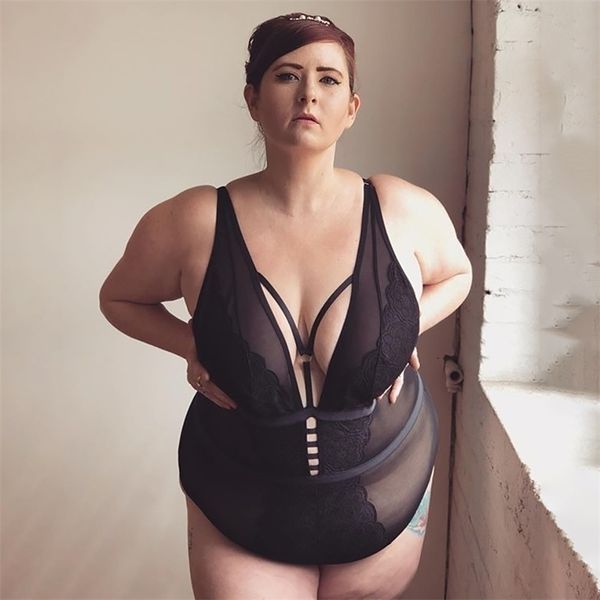 

body mujer women transparent bodysuit strappy hollow out lace jumpsuit rompers see trough mesh plus size 4xl floral wp7462i y200401, Black;white