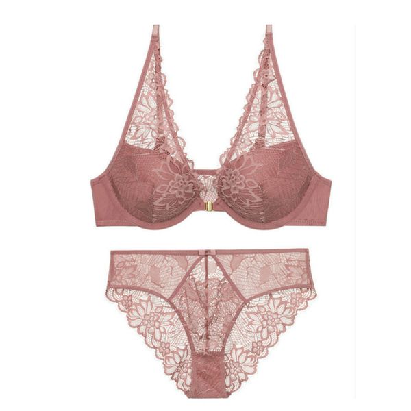 

comfortable bra set women's front buckle soft steel ring gathered bra set female lace thin bottom thick bra set c1211, Black;white