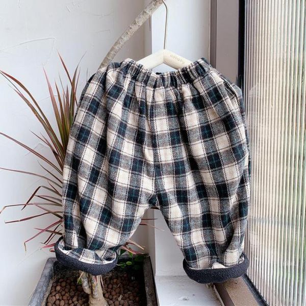 

2021 new autumn winter boys and girls casual black white plaid plus veet trousers children clothing kids cotton long pants 7lg3, Blue