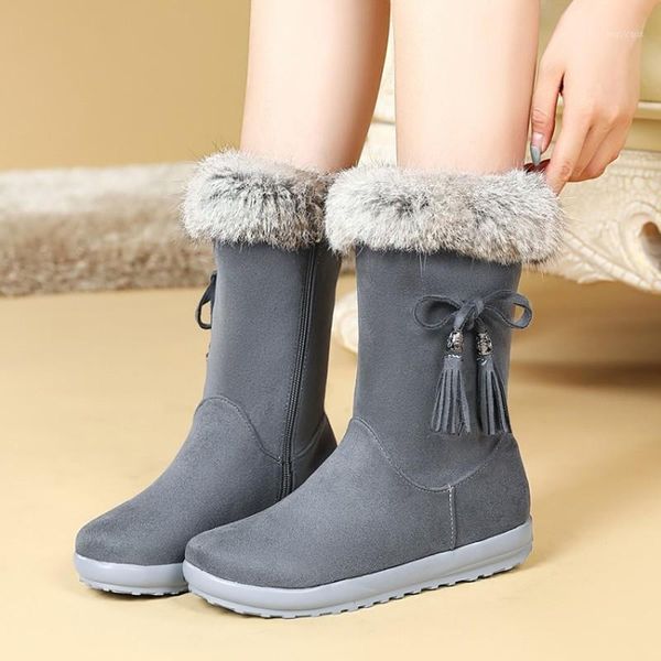 

2020 new winter mid-calf women's snow boots flock leather boots fringe round toe warm fur inside solid winter low heels1, Black
