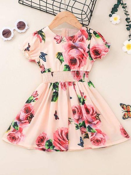 

toddler girls floral shirred waist swing dress she, Red;yellow