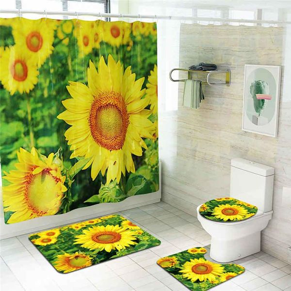 

4pcs sunflower shower curtain toilet seat set flowers pattern shower curtain non slip rugs carpet @10