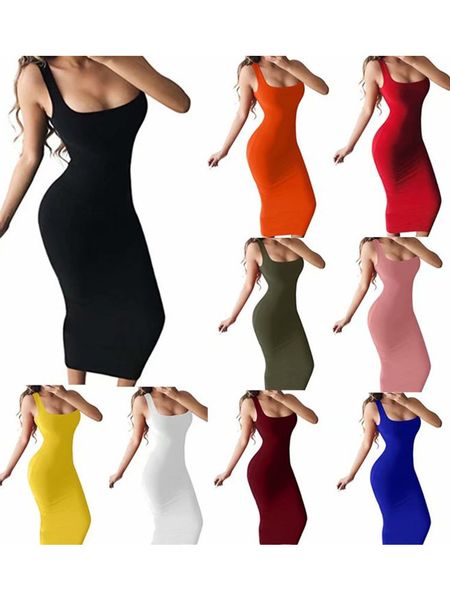 Spagetti Kayışı Seksi Bodycon Elbise Yaz Sarı Yeşil Siyah Turuncu Zarif Kolsuz Uzun Midi Elbise Kulübü Giysi Elbise Kadınlar LJ201120