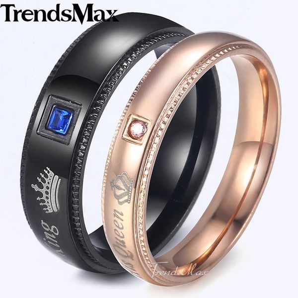 

trendsmax couples rings stainless steel black rose gold tone paved blue clear cz wedding band queen king rings for women kkrm39, Slivery;golden