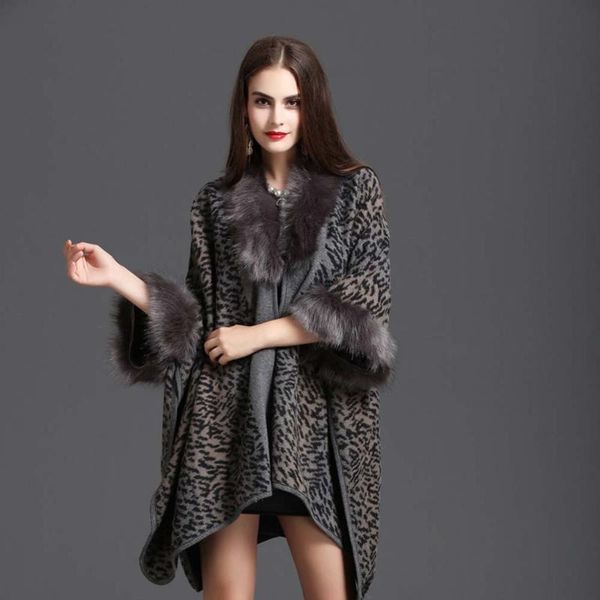 

fashion fur collar printed knitted cardigan shawl cloak ladies jacket, Black