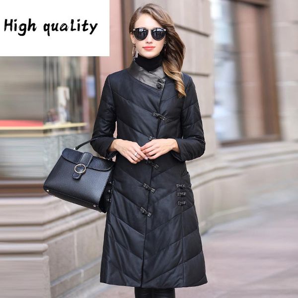 

winter leather genuine jacket korean long down jackets for women real sheepskin coat chaqueta mujer my4017, Black