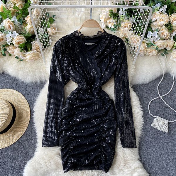 

2021 new singiny female design lace sequins long ruched neckline fine autumn fashions streetwear short dress ovhc, Black;gray