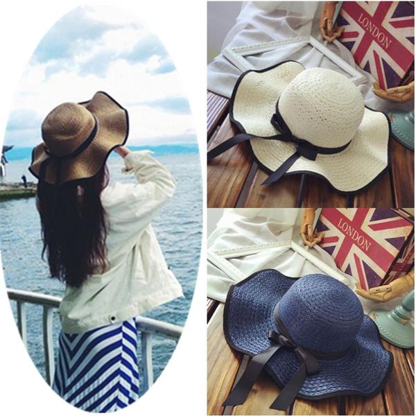 

wide brim hats 1pc women fashion sun hat bowknot big folding straw floppy beach cap, Blue;gray
