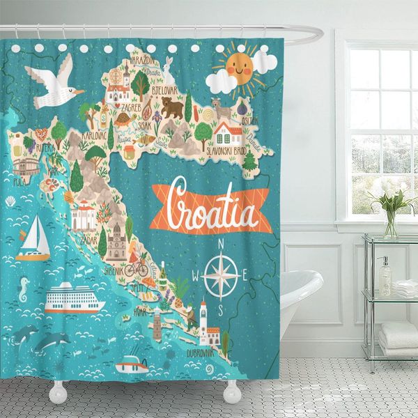 

карта ливневой хорватия путешествия хорватская ориентиры люди еды занавес водонепроницаемый полиэстер ткань 60 х 72 дюймов набор с крючками