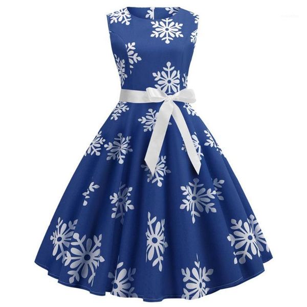 

christmas snowflake print sleeveless vintage dresses women midi skater dress with sash1, Black;gray