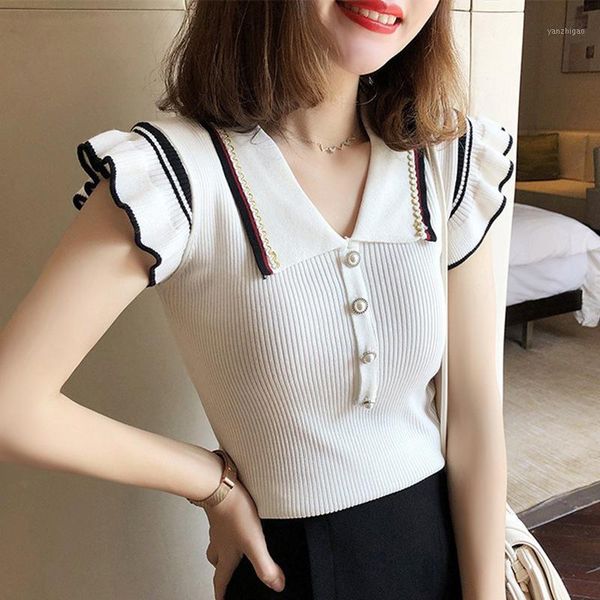 

kawaii clothes vintage button v neck t shirts women 2020 korean fashion sleeveless summer ribbed cute for women tshirt c5021, White