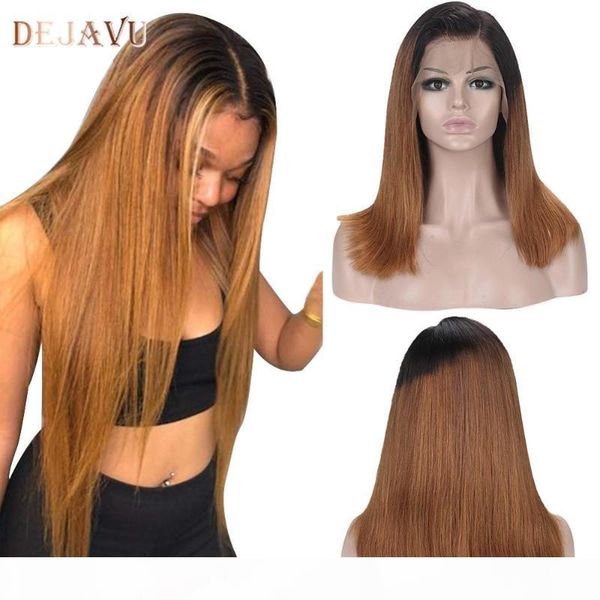 

dejavu ombre highlight lace front human hair wig 130% 150% brown brazilian remy straight hair 13x4 lace frontal wig for women, Black;brown