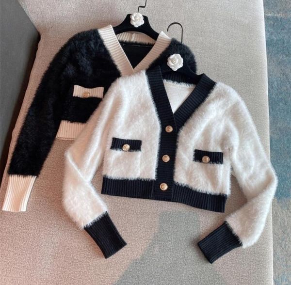 

winter 2021 new mohair cardigan sweater short knitted jacket women elegant v neck knitwear1, White