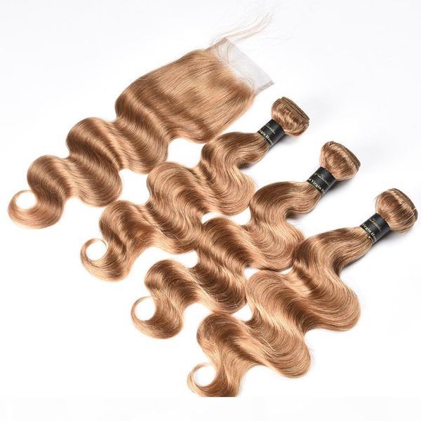 

color 27# honey blonde brazilian body wave human hair 3 4 bundles with lace closure brazilian virgin hair extensions with lace closure, Black;brown